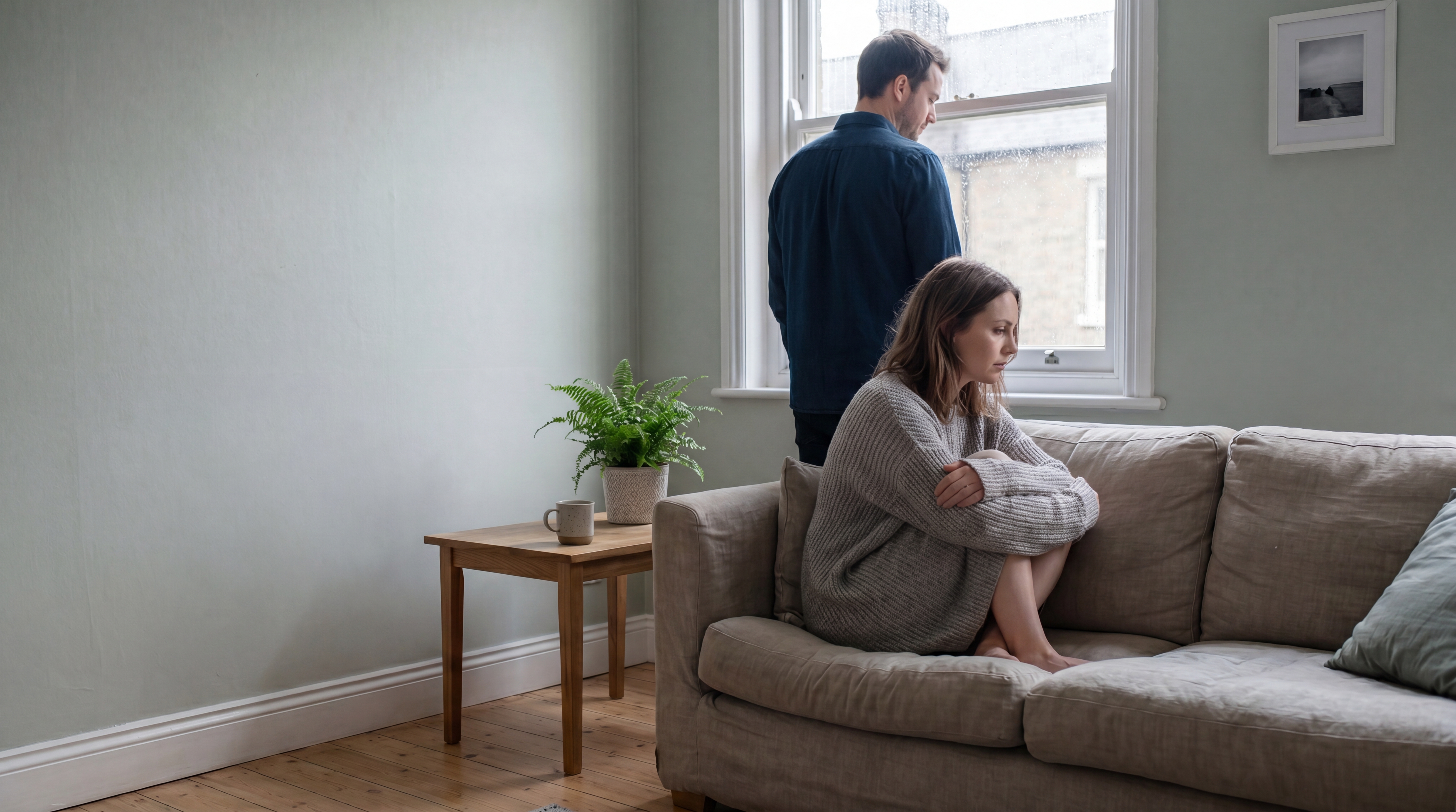 Deux personnes dans un intérieur calme, séparées par une distance silencieuse