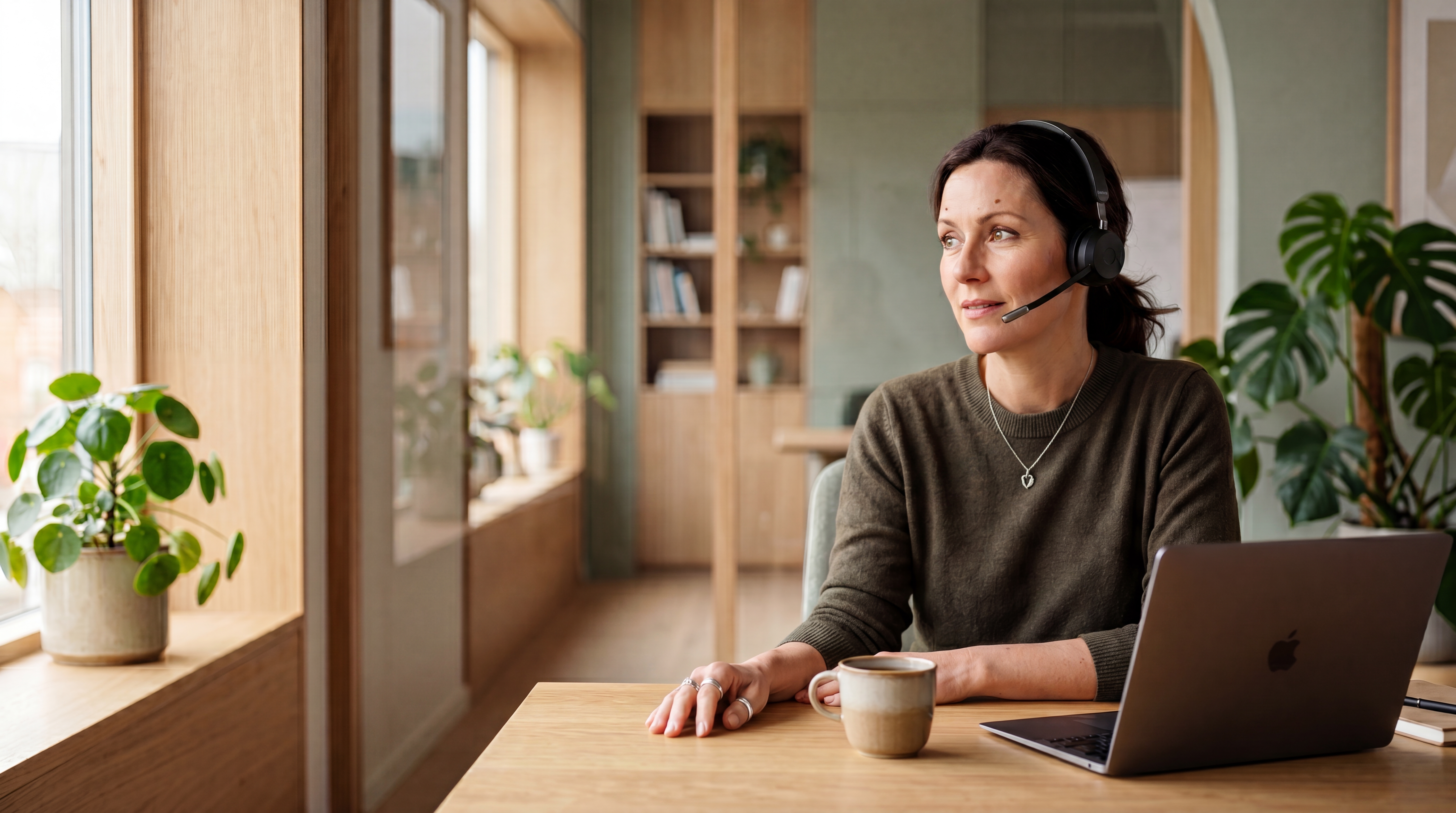 Une écoutante attentive dans un bureau chaleureux, équipée d'un casque discret