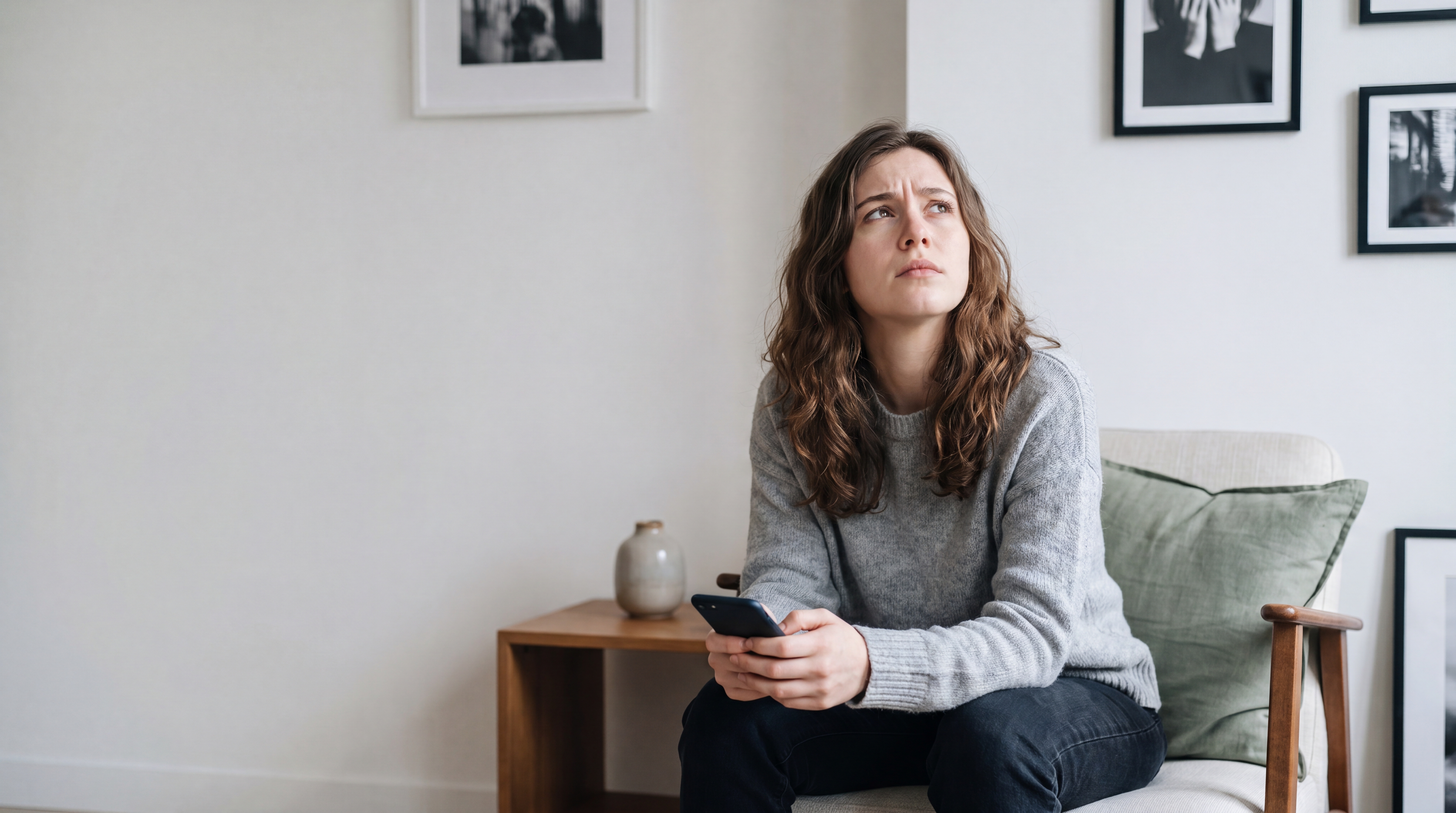 Une jeune femme près d'une fenêtre, téléphone à la main, dans une lumière douce et rassurante